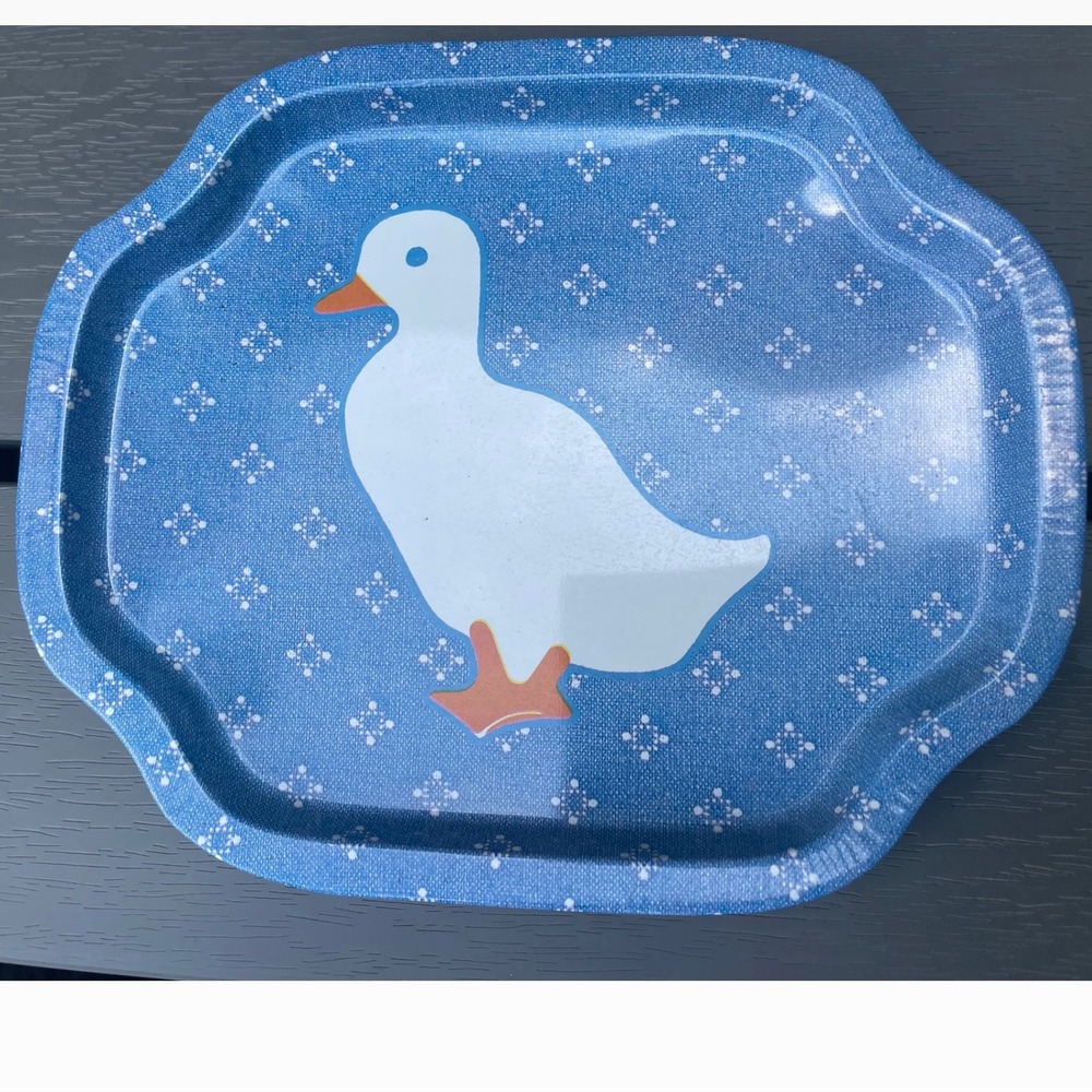 Vintage Metal Tray Blue Scalloped Edge White Duck Farmhouse Decor